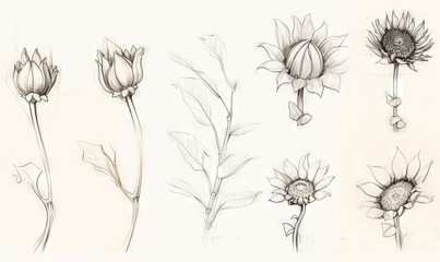  a bunch of drawings of flowers on a white background, each with a single stem.  generative ai