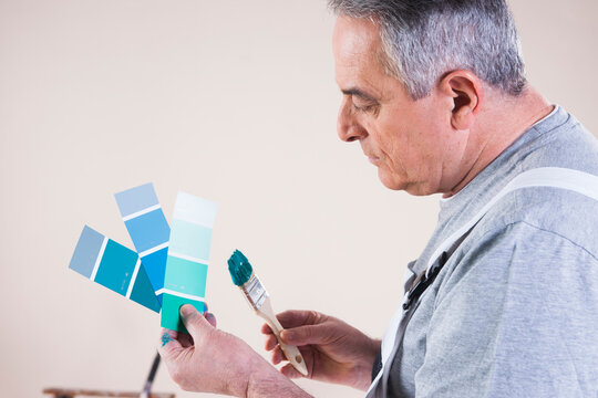 Senior Man looking at Paint Colour Samples, Studio Shot