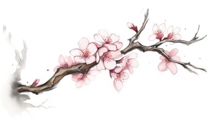  a painting of a branch with pink flowers on a white background.  generative ai
