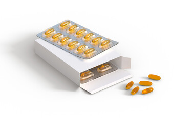 Editable mockup of fish oil omega 3 golden capsules in two blister pack on a transparent...