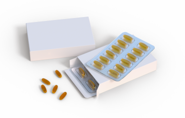 Editable mockup of fish oil omega 3 golden capsules in two blister pack on a transparent background. 3d rendering.