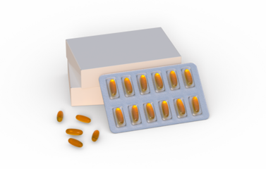 Editable mockup of fish oil omega 3 golden capsules in two blister pack on a transparent background. 3d rendering.