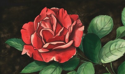  a painting of a red rose with green leaves on a black background.  generative ai