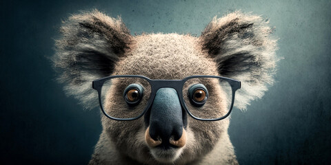 Portrait of a koala with glasses, close-up and isolated background. Generative AI