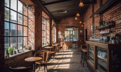  a restaurant with a brick wall and lots of tables and chairs.  generative ai
