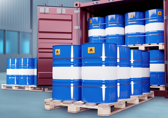 Blue barrels in containers. Freight container with chemicals. Pallets with barrels. Barrels with...