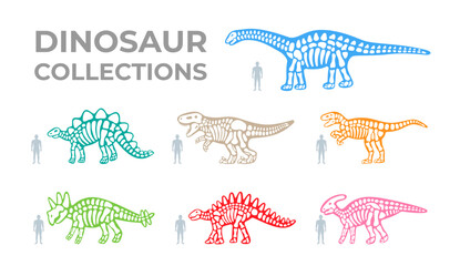 Dinosaur skeletons set. Triceratops, Tyrannosaurus, Kentrosaurus, Brahiosaurus, Velociraptor, Stegosaurus, Parasaurolophus. Dinosaur bones silhouettes