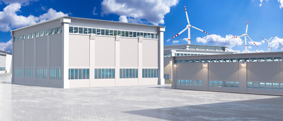 Warehouse area. Hangars for factory or plant. Warehouse buildings in sunny weather. Storage area on summer day. Wind turbines on territory of enterprise. Concept renting place for warehouse. 3d image © Grispb