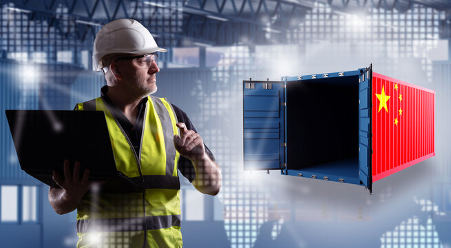 Man is logistician of Chinese company. Sea freight container with PRC flag. Transportation of goods to China. Trucking company employee man. Import to China. Receipt of cargo from China in container