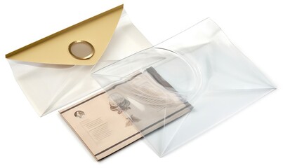  a clear envelope with a gold envelope and a card inside.  generative ai