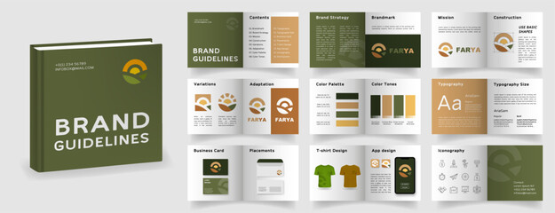Brand Guidelines template. Green and Brown Logo Guideline template. Brand Manual presentation mockup. Logo Guide Book layout. Logotype presentation