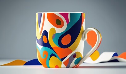  a colorful coffee cup sitting on top of a white table.  generative ai