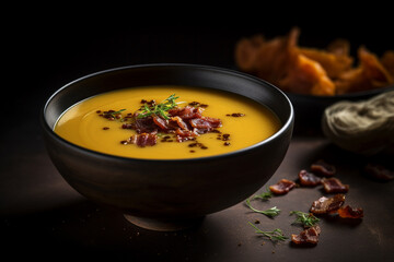 A bowl of pumpkin soup with bacon on the side