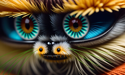Naklejka premium Shaggy hairy woolen cute spider, created with the help of artificial intelligence, AI generative.