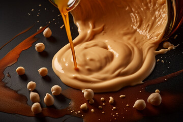 A pan of peanut butter sauce being poured into a bowl.