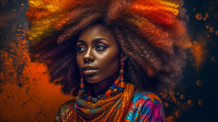 Black beauty woman with colorful afro hair. Cheerful carefree girl with bright makeup at festival. Afro hairstyle. Generative AI. 