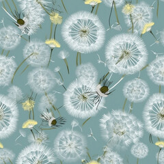 Obraz premium Seamless pattern from white dandelion inflorescence in classic summer shades green. Fabric design. Close-up. Generative Ai content.