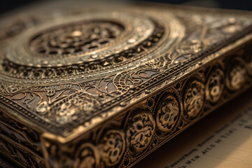 A close-up of a book cover with intricate details, bokeh, World Book Day Generative AI