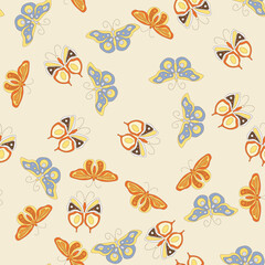Vector seamless pattern in retro groovy style. Butterflies and moths in light soft colors perfect for scrapbooking, textile, wrapping paper and stationery for kids and adults