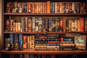 Fototapeta na wymiar A bookshelf with books arranged by genre, World Book Day Generative AI