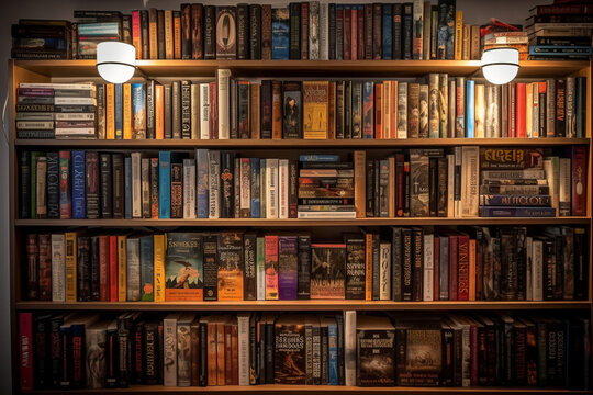 A bookshelf with books arranged by genre, World Book Day Generative AI