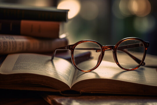 A picture of a book with glasses next to it, bokeh, World Book Day Generative AI