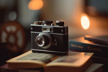A picture of a book with a vintage camera next to it, bokeh, World Book Day Generative AI