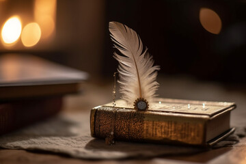 A picture of a book with a feather next to it, bokeh, World Book Day Generative AI