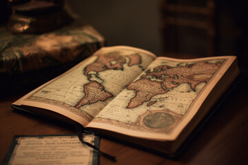 A picture of a book with a map next to it, bokeh, World Book Day Generative AI