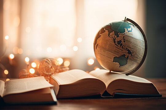 A picture of a book with a globe next to it, bokeh, World Book Day Generative AI - Powered by Adobe