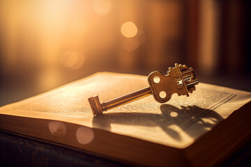 A picture of a book with a key next to it, symbolizing the power of knowledge, bokeh, World Book Day Generative AI
