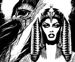 2D 4K Ägyptische Pharaonin und Falke Horus Vector style Illustration - obrazy, fototapety, plakaty