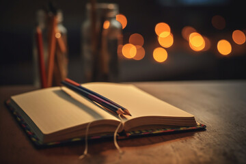 A picture of a book with a blank notebook and a pencil, inspiring creativity, bokeh, World Book Day Generative AI