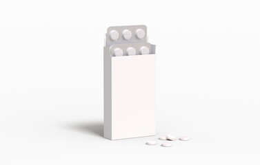 White circle pills in pack with two blisters in cardbox packaging on a transparent background. 3d rendering