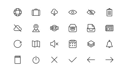 Basic icons set. Thin line icons collection. Business, Media, Shopping, Finance, Contact, Technology, Commerce icon collection