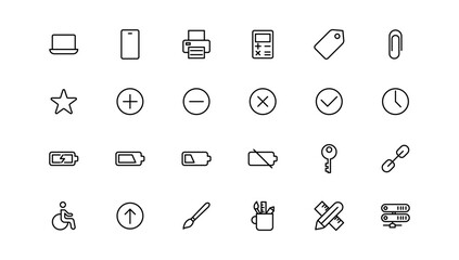 Basic icons set. Thin line icons collection. Business, Media, Shopping, Finance, Contact, Technology, Commerce icon collection
