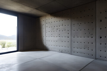 Empty room with large window and concrete walls