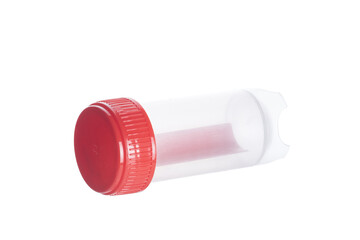 Disposable container for taking biomaterial, closed container for urine and stool samples, medical laboratory equipment, transparent sterile medical container for stool and urine analysis, red lid
