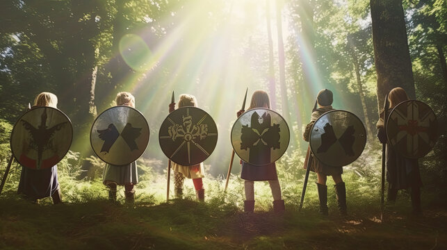 Group of Kids Dressed in Medieval Costumes Wearing Metal Shields and Holding Weapons, Generative AI