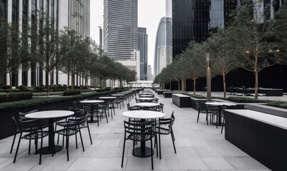 tables and chairs are lined up along a city street with tall buildings.  generative ai