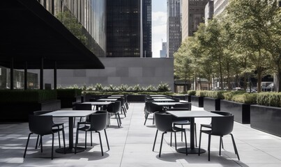 Fototapeta premium a row of tables and chairs on a sidewalk in a city. generative ai