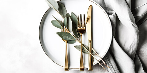 Cutlery decorated with eucalyptus branches on a white plate was presented - generative ai