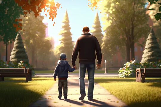 Father and son walking in the park at sunset. fathers day concept, generative ai