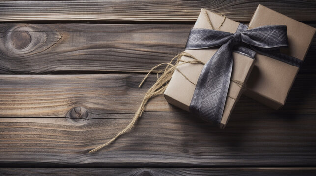Gift boxes on wooden background. Vintage style toned picture. Happy fathers day concept, generative ai