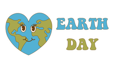 Earth Day. Cartoon cute earth planet character in retro style. Environmental eco concept
