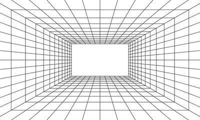 Grid room in perspective in 3d style. Indoor wireframe from black laser beam,  digital empty box. Abstract geometric design