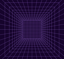 Grid room in perspective in 3d style. Indoor wireframe from  violet laser beam,  digital empty box. Abstract geometric design