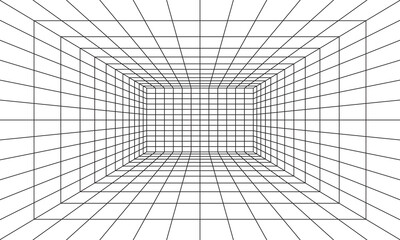 Grid room in perspective in 3d style. Indoor wireframe from black laser beam,  digital empty box. Abstract geometric design