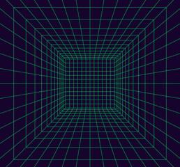 Grid room in perspective in 3d style. Indoor wireframe from green laser beam,  digital empty box. Abstract geometric design