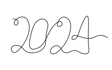 2024 continuous one line. Thin line art freehand font, single outline drawing or simple logo